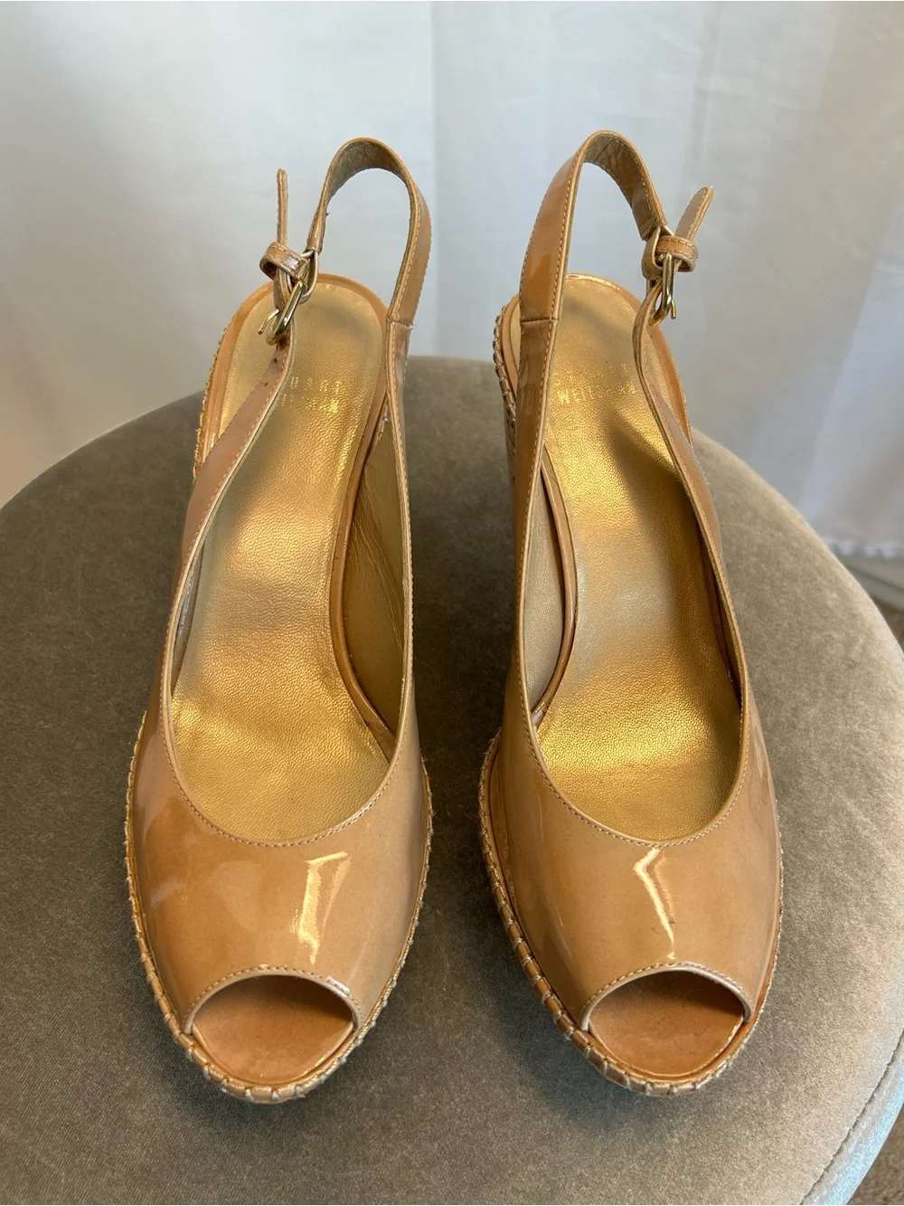 Stuart Weitzman beige jean Patent Peep-Toe Cork Wedge Slingbacks Nude 8.5 - Picture 4 of 8